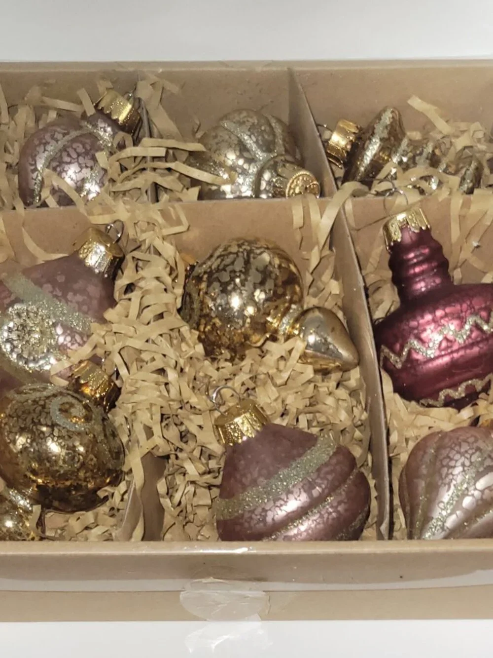 Glass Ornaments Burgundy & Gold w/glitter-Assorted, Sizes 2.5